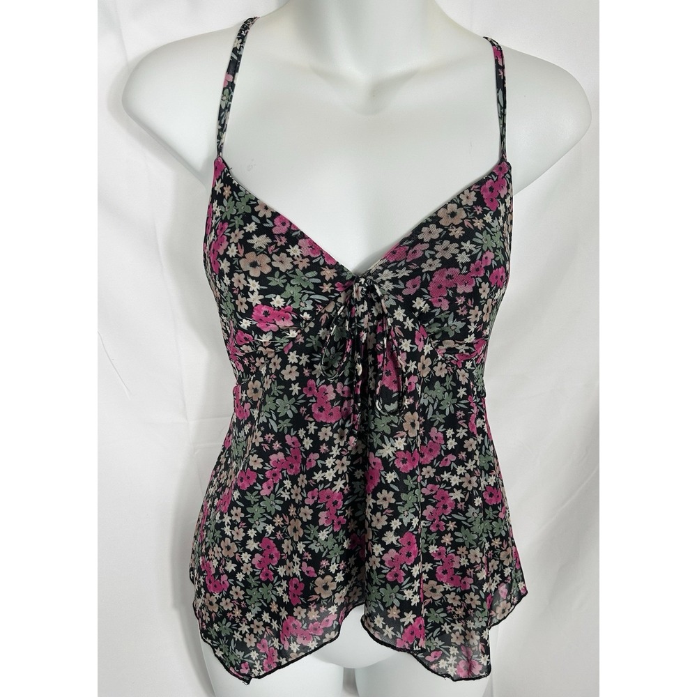 Women Y2K Mesh Babydoll Top Size M Sharkbite Hem Sheer Floral Fairy Femme Dainty
